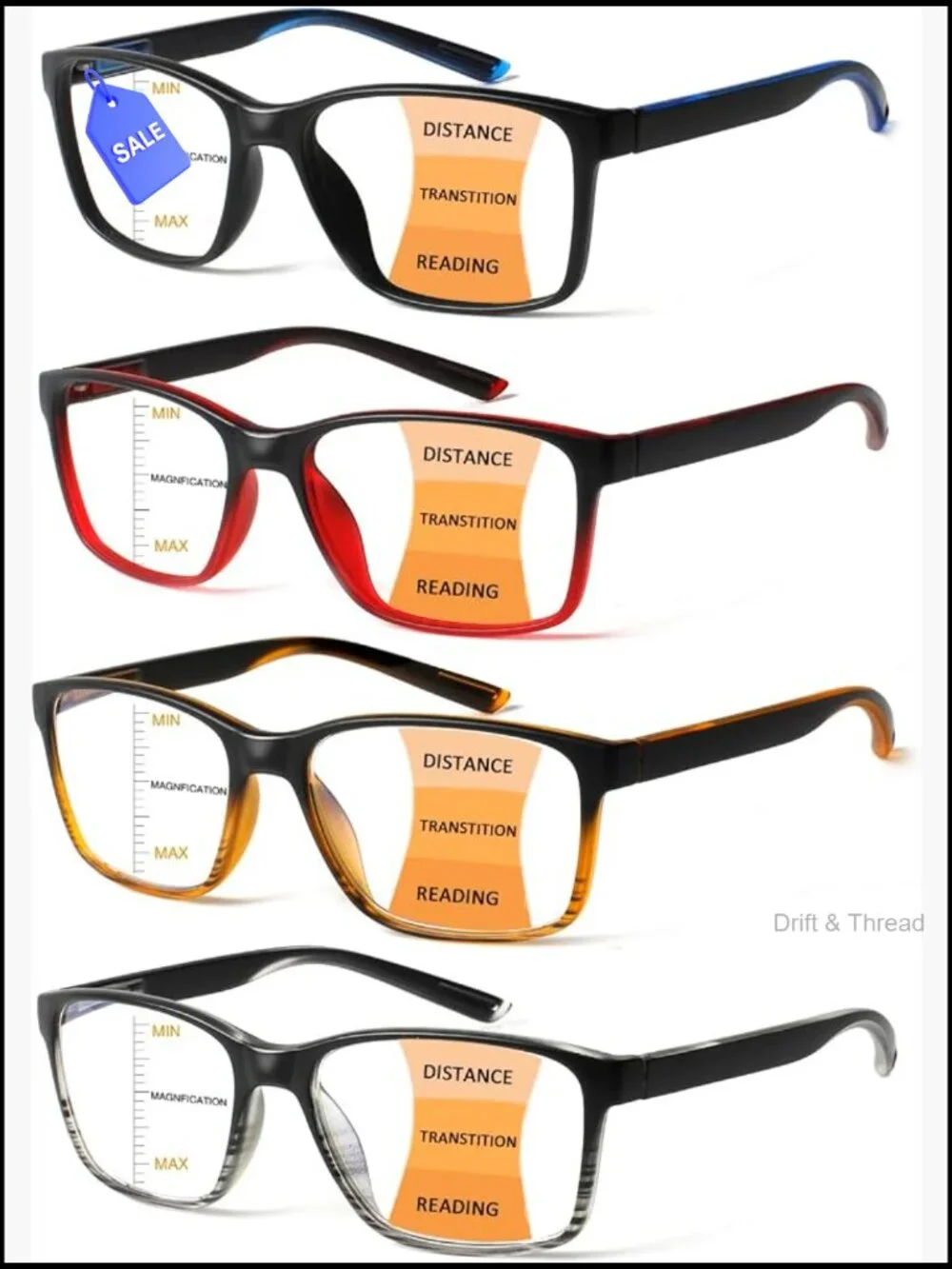 4 Pack Progressive Multifocus Reading Glasses Blue Light Blocking Spring Hinge